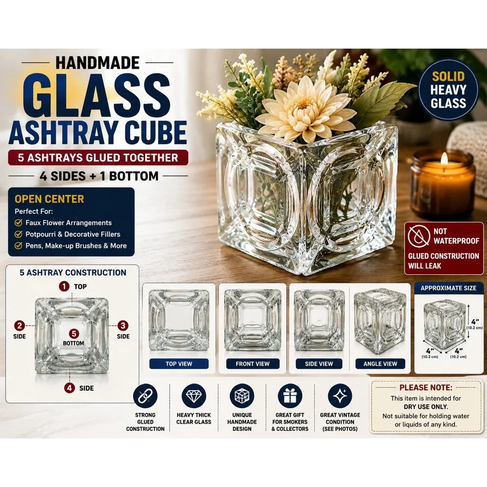 Handmade Glass Ashtray Cube Heavy Clear Glass Square Decorative Vessel 4x4x4